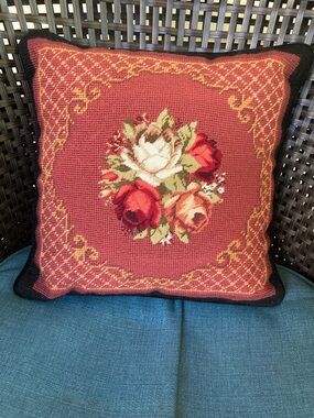 Hand-Embroidered Floral Needlepoint Pillow - Rose Center